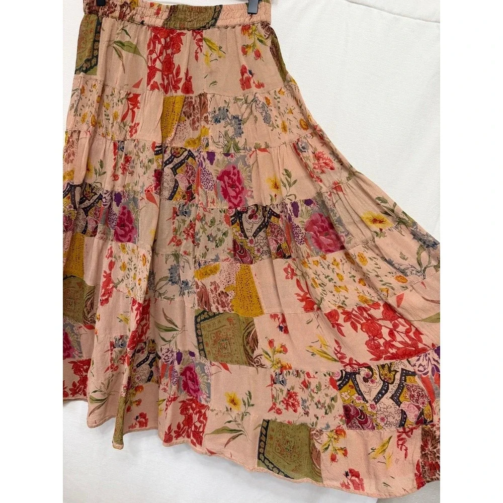 Passports Floral Patchwork Rayon Maxi Skirt Women Medium Pink Boho Vintage 90s